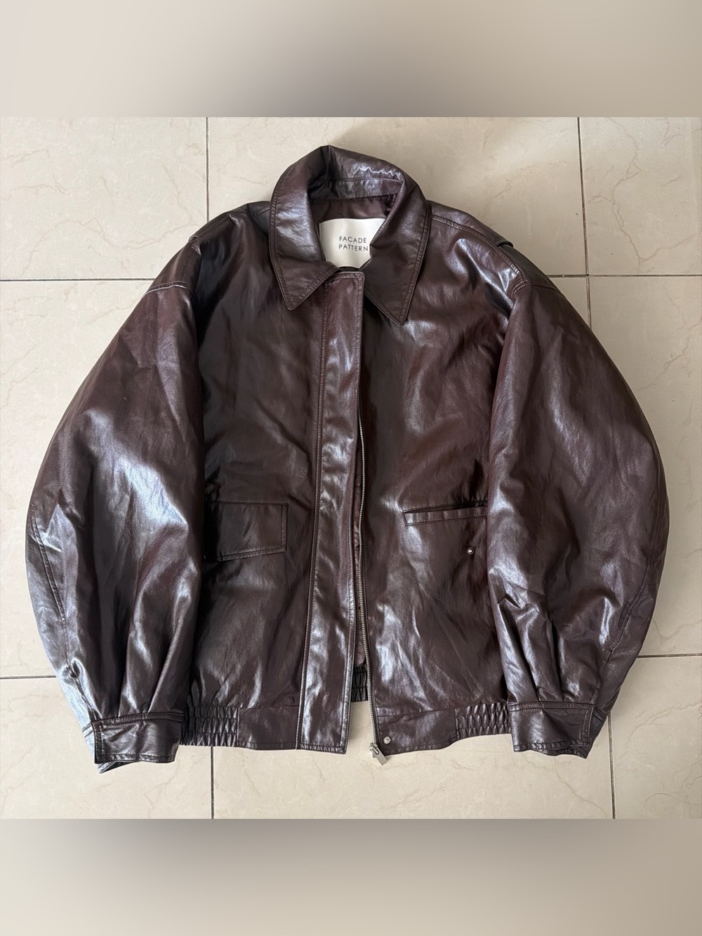 Facade pattern faux leather brown jacket